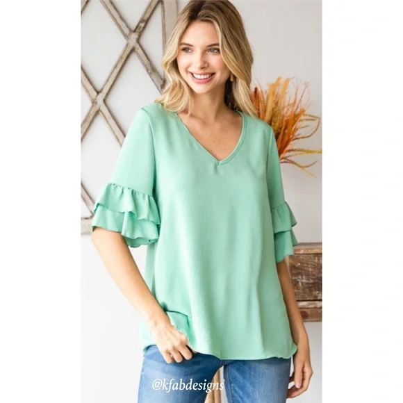 LAST 1! V Neck Stunning Double Ruffle Sleeve Mint Top! - Picture 3 of 6